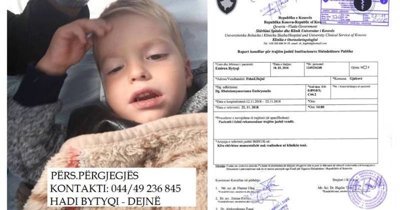 Emiron Bytyçi 3 vjeçar i diagnostifikuar me tumor ne tru kërkon ndihmën tuaj
