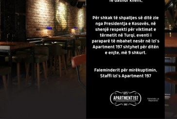 Ditë zie në Kosovë për shkak të tërmetit në Turqi: “Izi’s apartment” anulon mbrëmjen muzikore